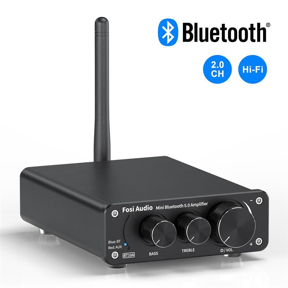 Bluetooth 2 Channel Sound Power Stereo Amplifier with treble and bass controls, compact design, and Bluetooth 5.0 connectivity.